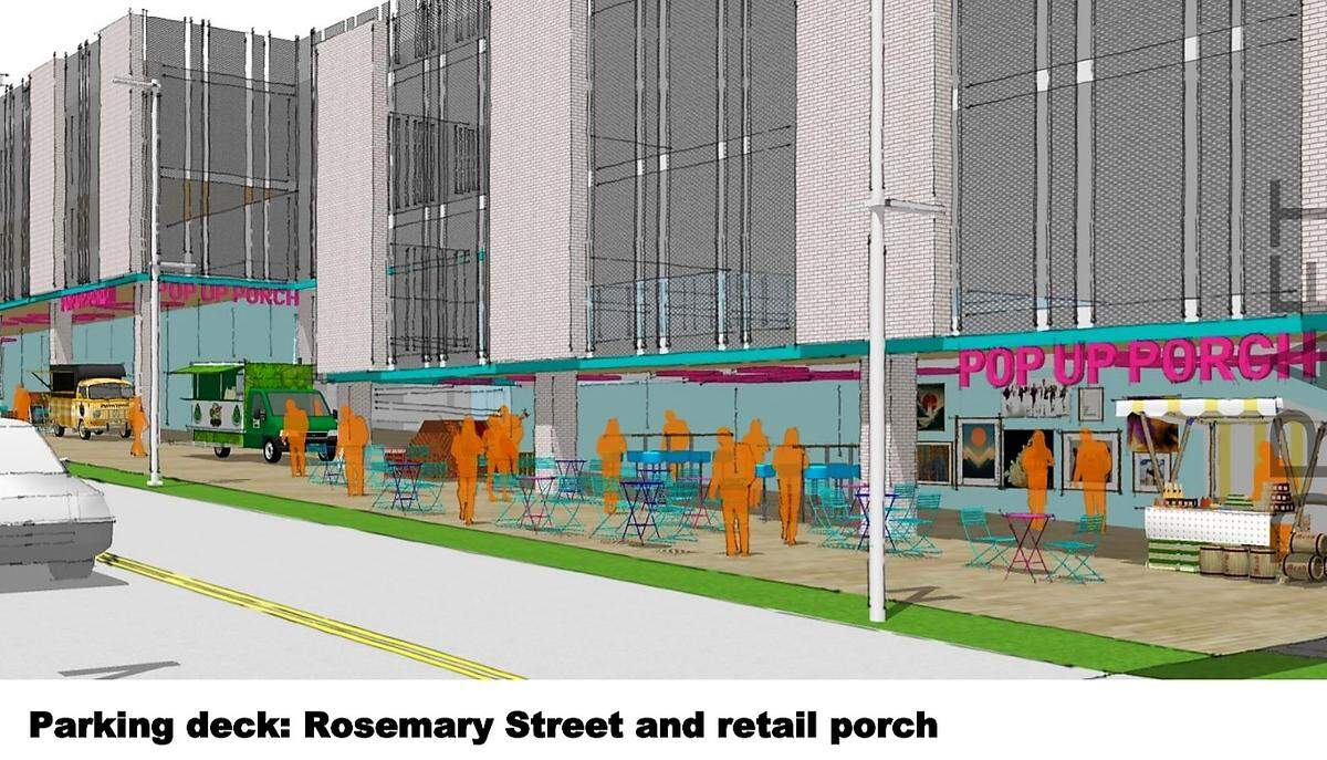 A future public parking deck at 125 E. Rosemary St. could include ground-floor, pop-up retail spaces and a public patio.