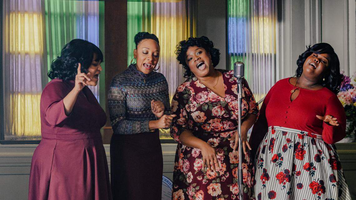 (L to R) Angela Birchett stars as Jacky, Sheléa Frazier stars as Dorinda, Kierra Sheard stars as Karen and Raven Goodwin stars as Denise in “The Clark Sisters: First Ladies of Gospel” premiering April 11 on Lifetime.