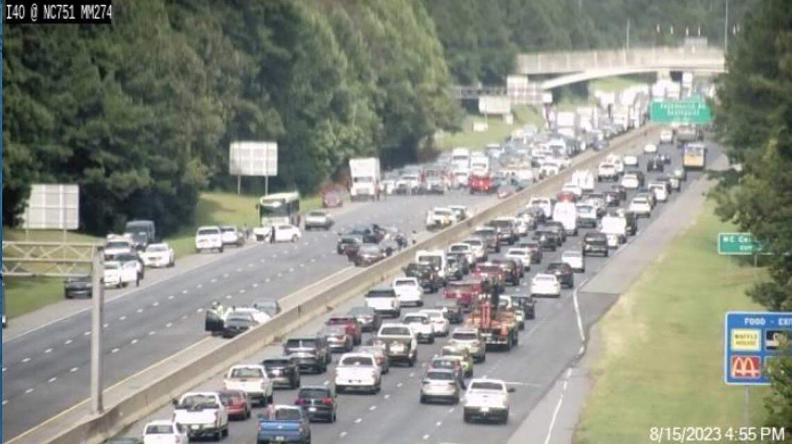 A traffic camera at exit 274, NC751, shows the traffic on Interstate 40 at 4:55 p.m. on August 15, 2023.