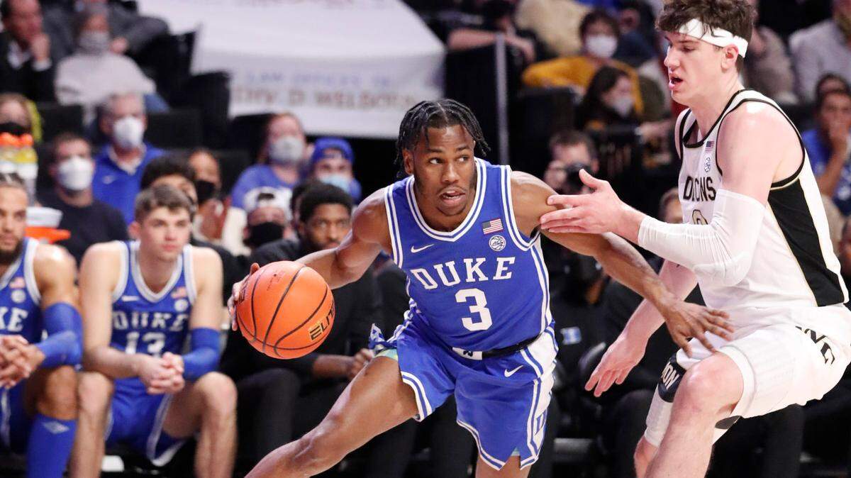 Duke’s Jeremy Roach (3) drives by Wake Forest’s Jake LaRavia (0) during the second half of Duke’s 76-64 victory over Wake Forest at LJVM Coliseum in Winston-Salem, N.C., Wednesday, January 12, 2022.