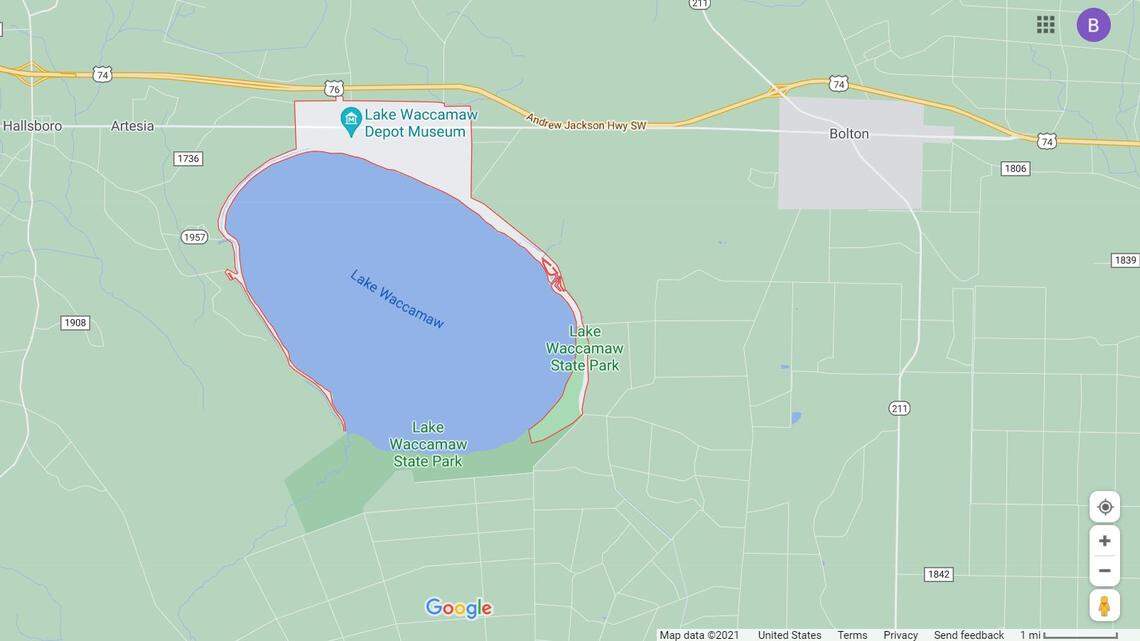A screen grab from Google Maps shows Lake Waccamaw in North Carolina. Officials say a 34-year-old died after going in to give his son and a family friend his life jacket.