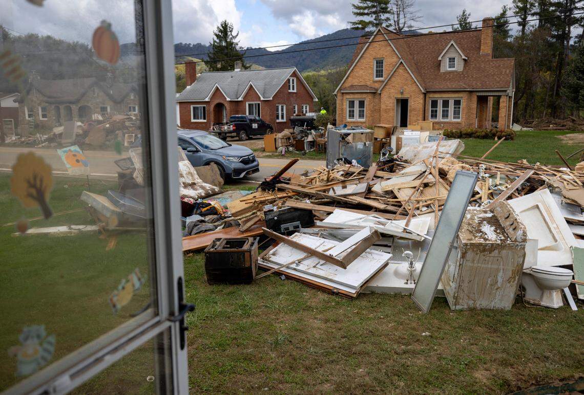 The view of Broad Street in Clyde, N.C., from David Matteson’s home on Wednesday, October 16, 2024. Matteson and his wife lost all of their household belongings after historic flooding of the Pigeon River in the wake of Hurricane Helene almost three weeks ago.
