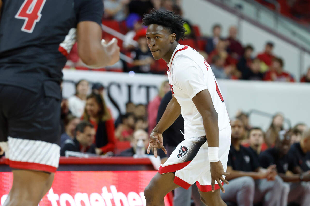 N.C. State’s Jarkel Joiner (1) celebrates hitting a three-pointer during the first half of N.C. State’s season opening game against Austin Peay at PNC Arena in Raleigh, N.C., Monday, Nov. 7, 2022.
