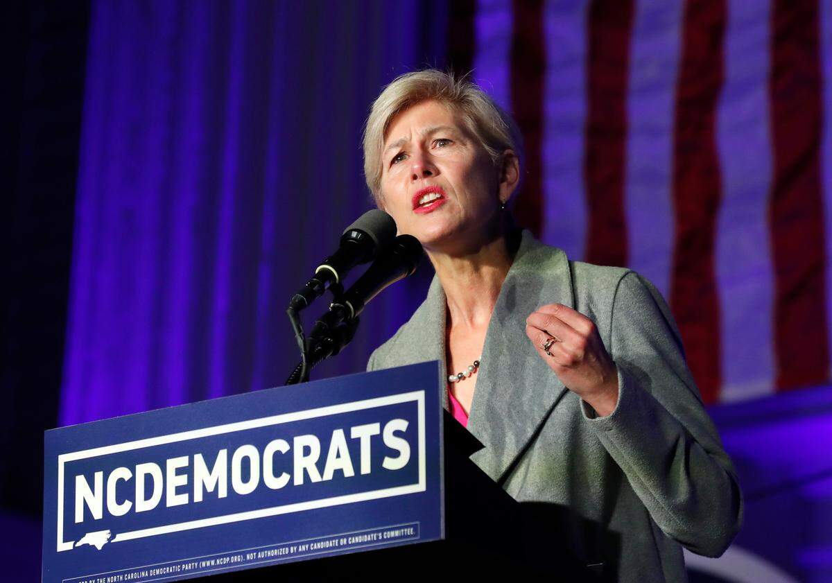 Deborah Ross speaks outside the North Carolina Democratic Party headquarters in Raleigh, N.C., Tuesday, Nov. 3, 2020.