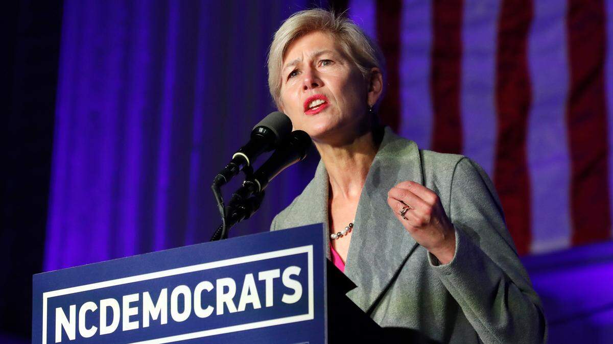 Deborah Ross speaks outside the North Carolina Democratic Party headquarters in Raleigh, N.C., Tuesday, Nov. 3, 2020.
