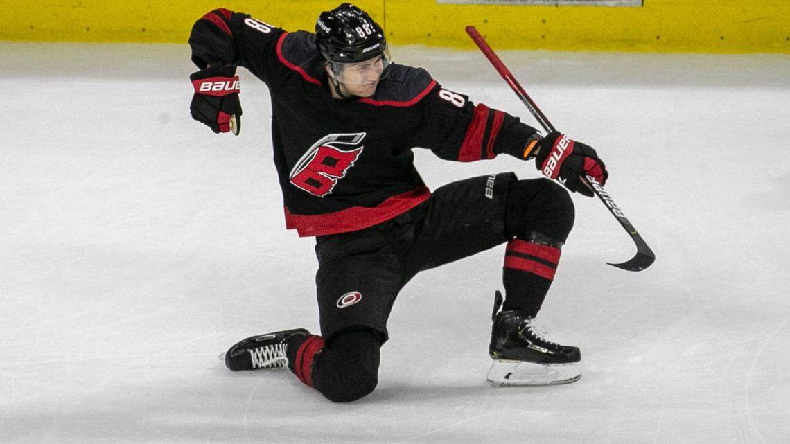 Carolina HurricanesÕ Martin Necas (88) reacts after scoring in the first period to tie Nashville 1-1 in game five of their first round Stanley Cup Series on Tuesday, May 25, 2021 at PNC Arena in Raleigh, N.C.