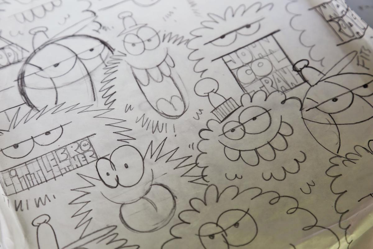 A sketch of Brooklyn artist Kevin Lyons'  latest mural "Morgan Street Jazz Monsters: A Tribute to the Jazz Giants of North Carolina."