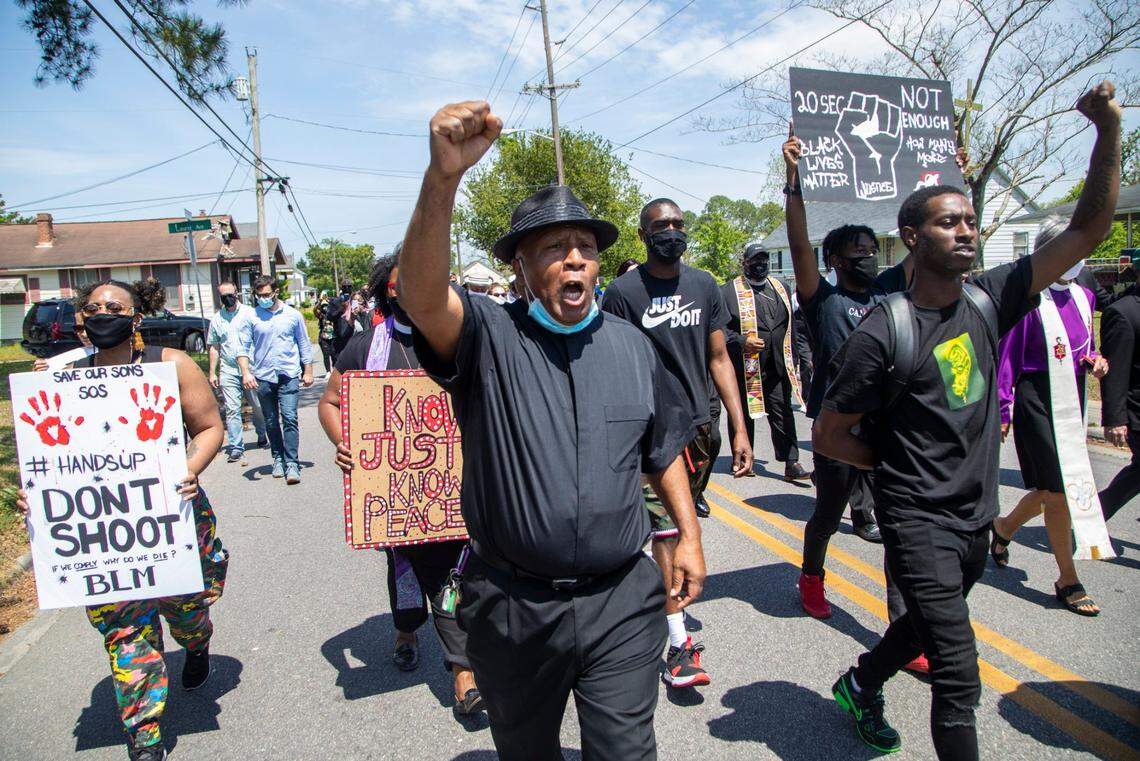 Demonstrators, led by clergy, march Wednesday, April 28, 2021 from Mt. Lebanon AME Zion Church in Elizabeth City to the site where Andrew Brown Jr. was shot and killed by Pasquotank County Sheriff deputies. A Pasquotank County judge denied the petition by the media to release the body camera footage in the shooting of Andrew Brown Jr.