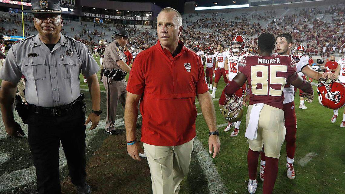 N.C. State head coach Dave Doeren walks off the field after Florida State’s 31-13 victory over the Wolfpack in Tallahassee, Fla. in 2019. The Pack ended the season with a 4-8 record.
