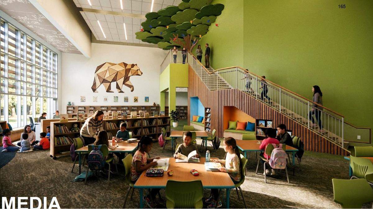 The media center in the new Carrboro Elementary School could be two stories, serving kindergarten and first-graders on the first floor, and second- through fifth-graders on the second floor.