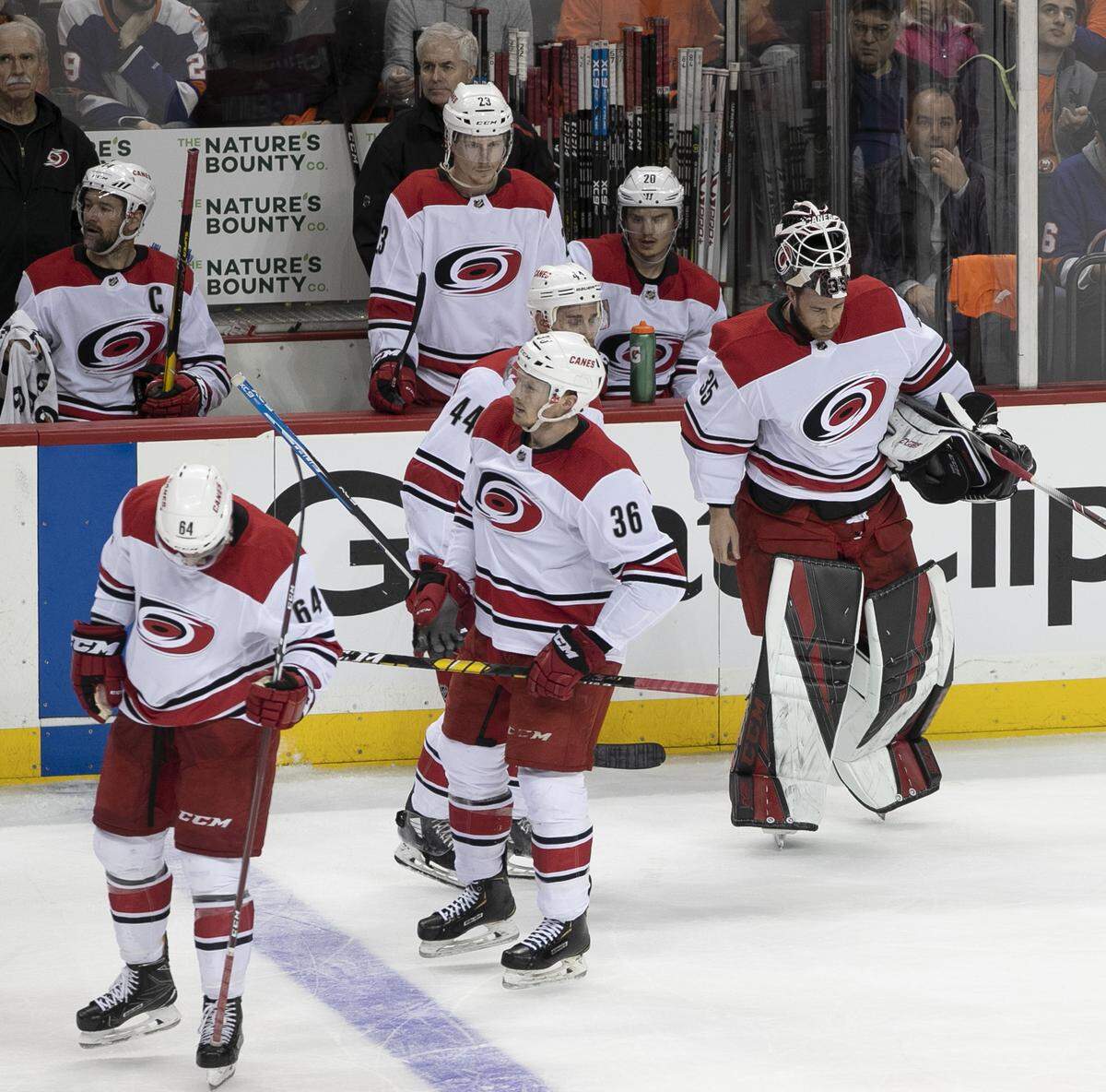 Carolina Hurricanes’ goalie Curtis McElhinney (35) takes the ice to replace injured Petr Mrazek (34) in the second period during Game 2 of the second round Stanley Cup series on Sunday, April 28, 2019 a Barclays Center in Brooklyn, N.Y.