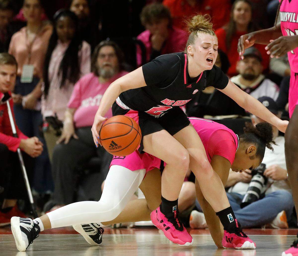 N.C. State’s Laci Steele pushes the ball up the court during the first half of the Wolfpack’s 77-67 win over Louisville on Monday, Feb. 5, 2024, at Reynolds Coliseum in Raleigh, N.C.