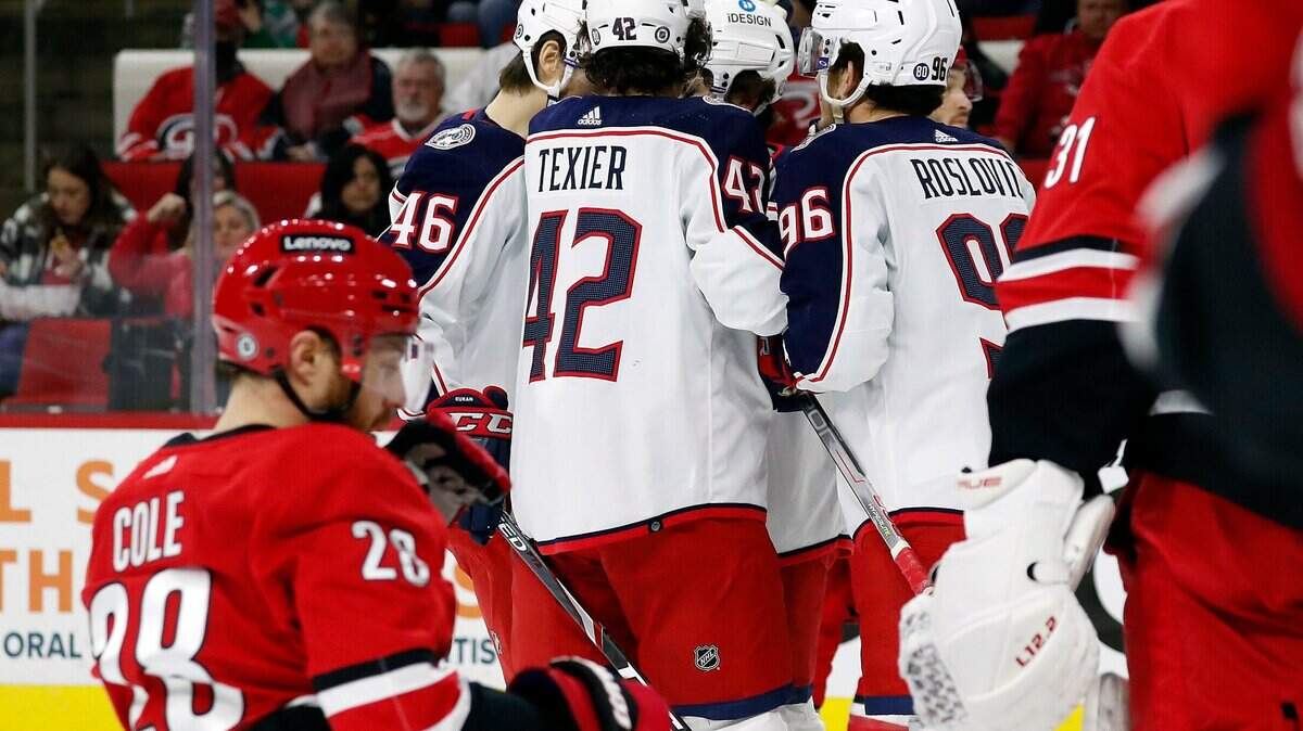 The Columbus Blue Jackets celebrate a goal by Emil Bemstrom with Carolina Hurricanes’ Ian Cole (28), foreground, during the first period of an NHL hockey game in Raleigh, N.C., Thursday, Jan. 13, 2022. (AP Photo/Karl B DeBlaker)