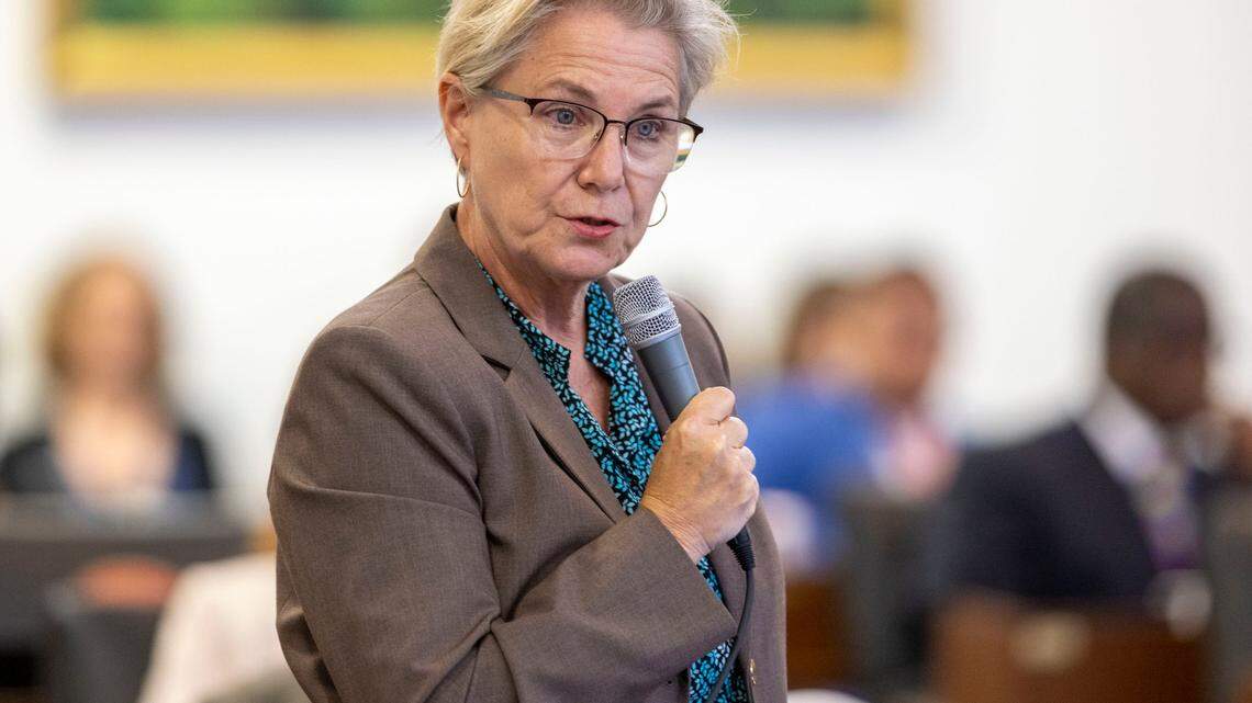 Rep. Deb Butler of New Hanover County speaks against HB 103, the proposed North Carolina State Budget during debate on the House floor on Thursday, June 30, 2022 in Raleigh, N.C.
