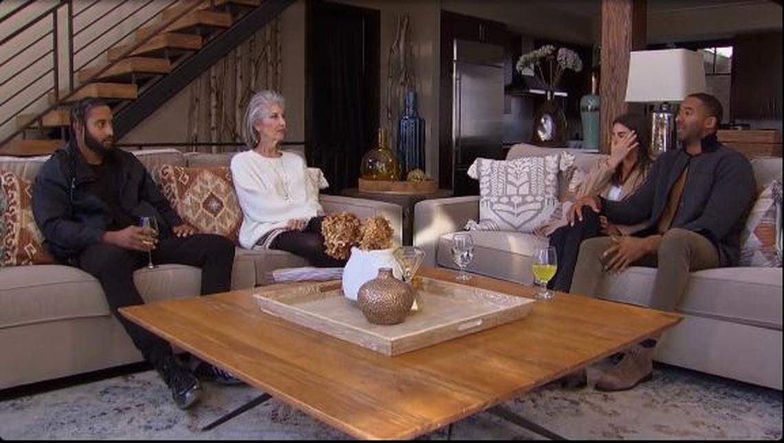 (L-R): John James, Patty James, Rachael Kirkconnell and Matt James in the season finale of “The Bachelor,” airing March 15, 2021, on ABC.