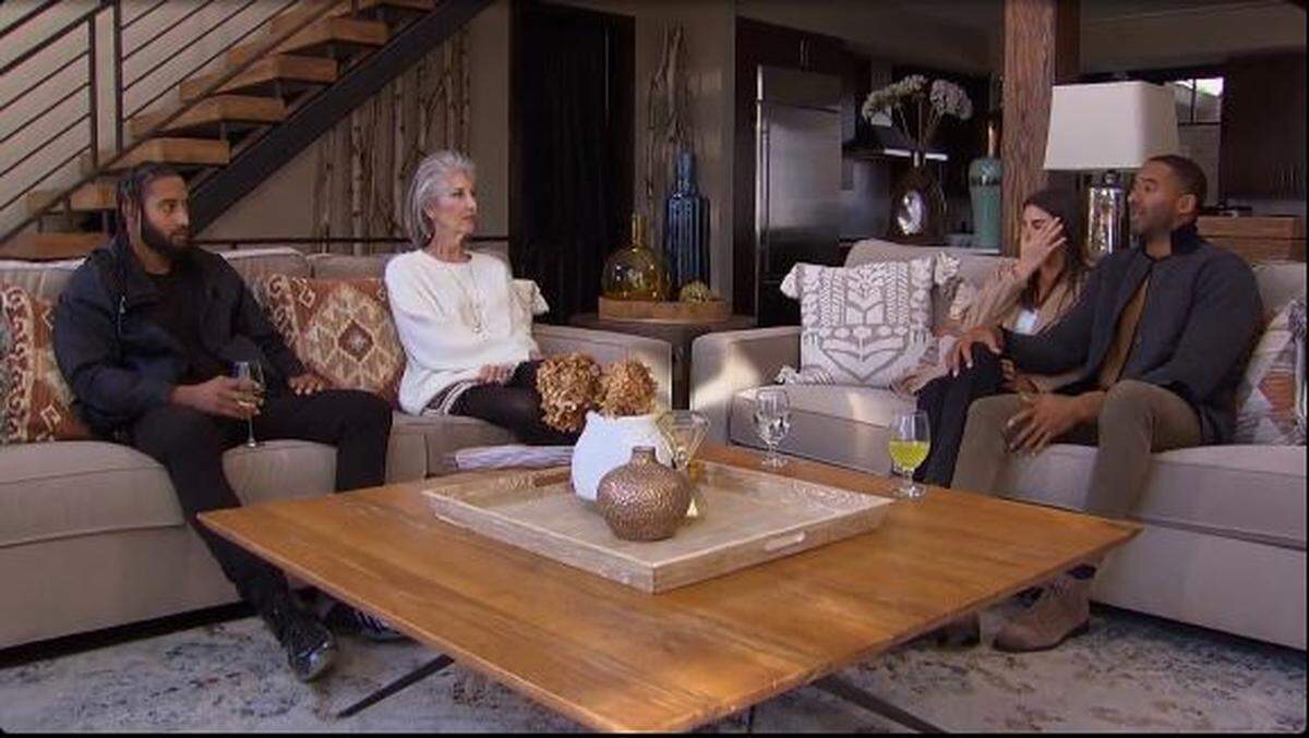 (L-R): John James, Patty James, Rachael Kirkconnell and Matt James in the season finale of “The Bachelor,” airing March 15, 2021, on ABC.