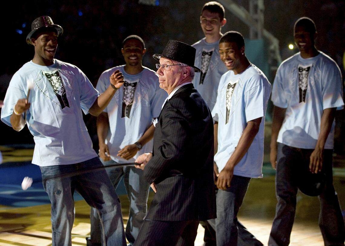 UNC coach Roy Williams dances with his players and coaches during the annual “Late Night With Roy” on Oct. 15 at the Smith Center. Follow the buildup to Carolina’s opening exhibition game Nov. 5 against Barton by checking out ”ACC Now” at www.newsobserver.com/sports/ ROBERT WILLETT-rwillett@newsobserver.com