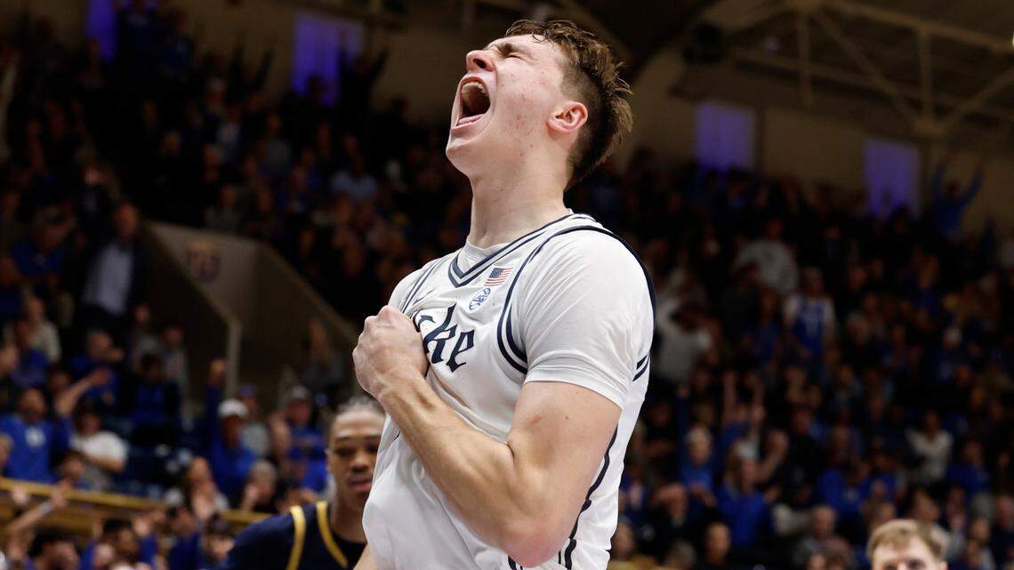 Duke’s Cooper Flagg (2) celebrates after slamming in two during the second half of Duke’s 86-78 victory over Notre Dame at Cameron Indoor Stadium in Durham, N.C., Saturday, Jan. 11, 2025.