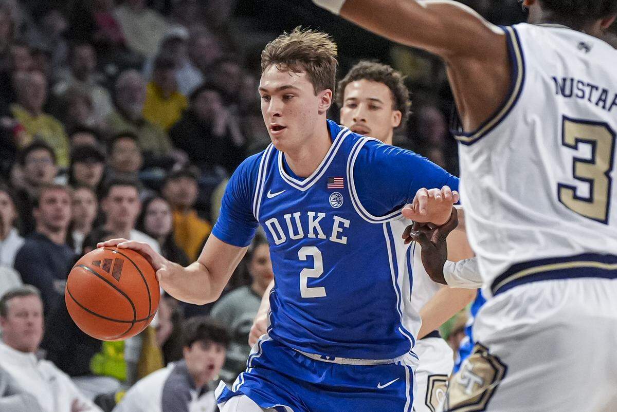 Duke Blue Devils guard Cooper Flagg (2) drives to the basket against the Georgia Tech Yellow Jackets during the first half at McCamish Pavilion.