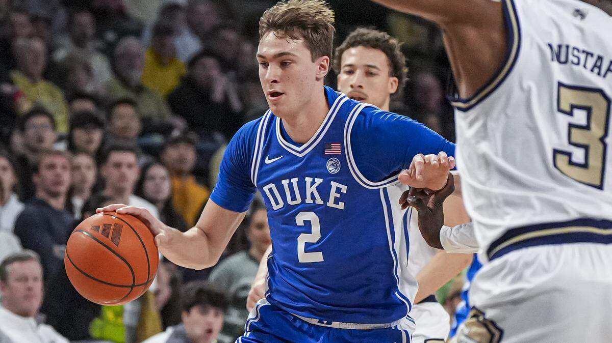 Duke Blue Devils guard Cooper Flagg (2) drives to the basket against the Georgia Tech Yellow Jackets during the first half at McCamish Pavilion.