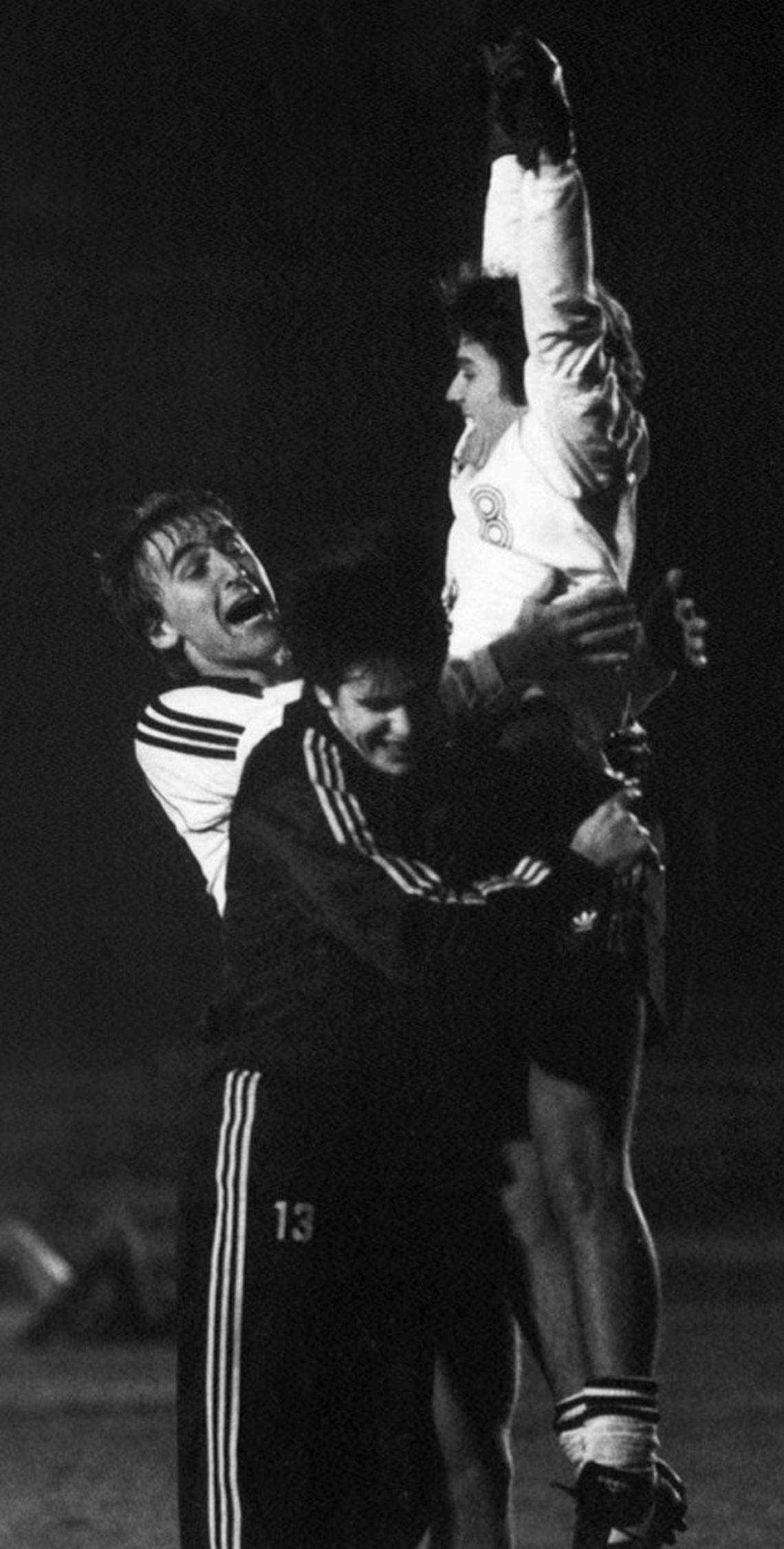Chapel Hill High School’s Josh Stein, right, celebrates his game-winning goal with teammates Luis Arias and Chris George on November 8, 1983. Stein scored the winning goal on the 10th kick of a shootout to defeat Sanderson.