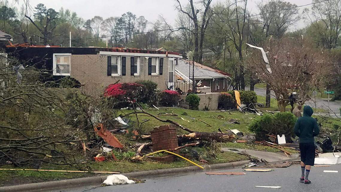 One of several houses severely damaged when a tornado touched down in the Florida Street area of Greensboro, NC Sunday afternoon, April 15, 2018. 