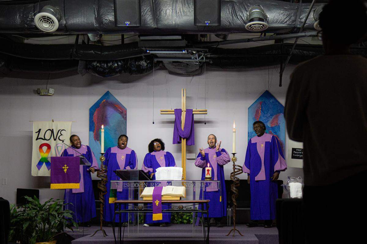 Members of Raleigh’s St. John’s Metropolitan Community Church choir begin the service with gospel music on Sunday, March 1, 2020.