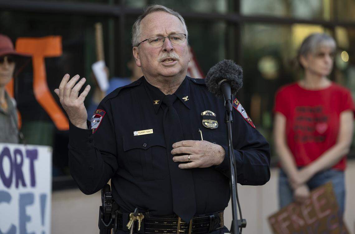 Cary Police Chief Terry Sult addresses demonstrators protesting Immigration and Customs Enforcement during a rally on March 5, 2026 at Town Hall in Cary.
