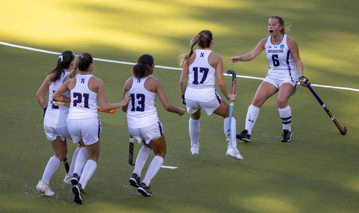 Northwestern’s Peyton Halsey (6) reacts after scoring to tie North Carolina 1-1 in the NCAA Division I Field Hockey Championship on Sunday, November 19, 2023 at Karen Shelton Stadium in Chapel Hill, N.C.