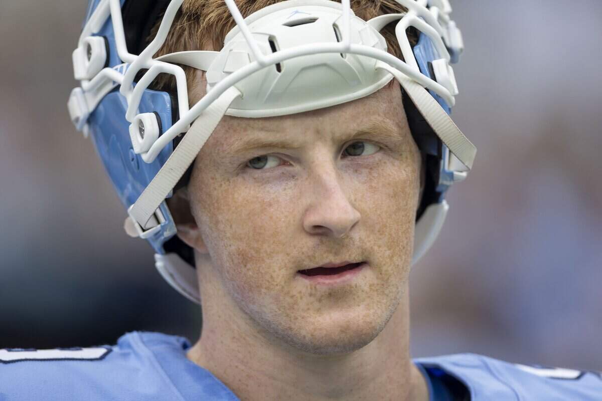 North Carolina quarterback Billy Edwards Jr. (9) watches his teammates as they warm up for their game against Notre Dame on Saturday, October 3, 2026 at Kenan Stadium in Chapel Hill, N.C.