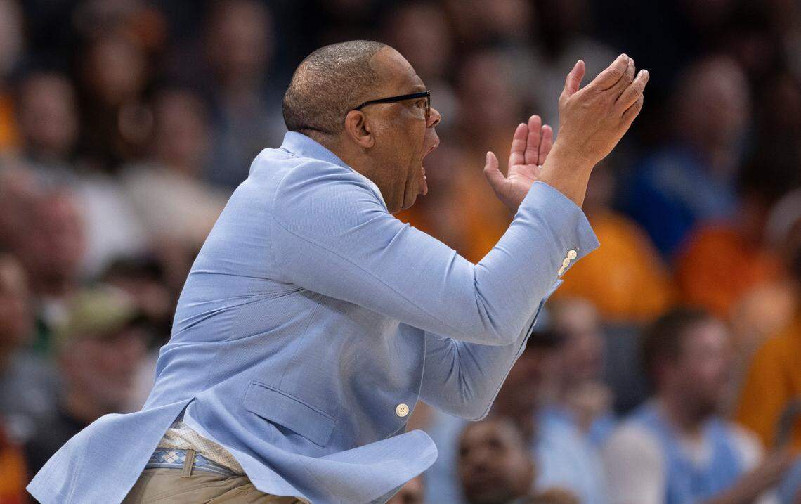 North Carolina coach Hubert Davis applauds his team on defense after taking a commanding lead during the second half against Michigan State on Saturday, March 23, 2024 during the second round of the NCAA Tournament at Spectrum Center in Charlotte, N.C.
