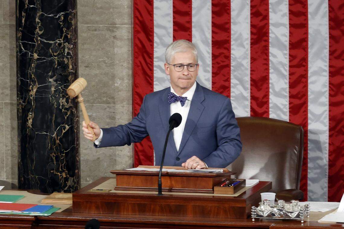 Oct 25, 2023; Washington, DC, USA; Speaker Pro Tempore Rep. Patrick McHenry, R-N.C., gavels in the House as lawmakers seek to elect a new speaker in Washington.  Mandatory Credit: Eric Kayne-USA TODAY