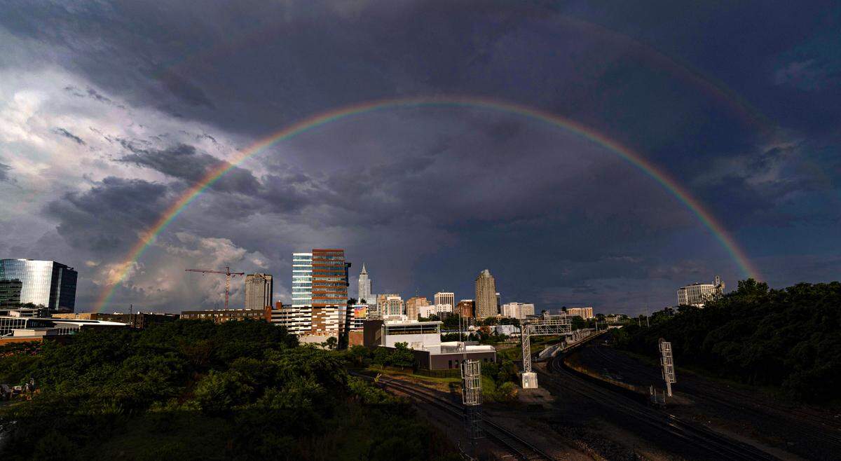 A rainbow appears over downtown Raleigh after a passing storm Tuesday, May 13, 2025. More storms are expected over the region this week, especially Friday, May 30.