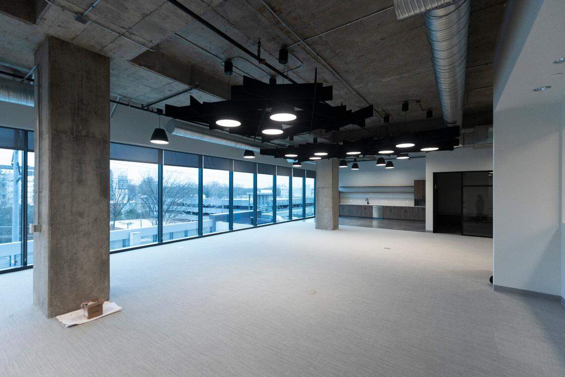 Unfinished office space inside 400H Apartments in downtown Raleigh.