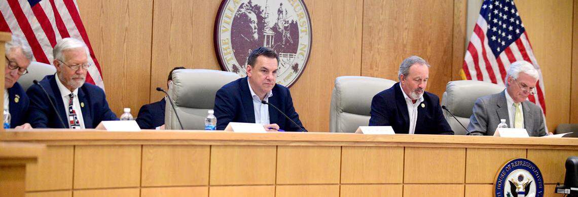 U.S. Rep. Richard Hudson, center, was one of nine members of the House Committee on Energy Commerce who attended a field hearing on the country’s power grid security at Pinehurst Village Hall in June.