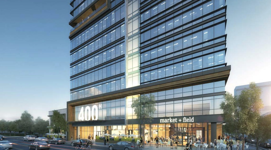 A rendering of 400H. Situated at the intersection of Hillsborough and West Streets, the 20-story high-rise is valued at around $175 million.