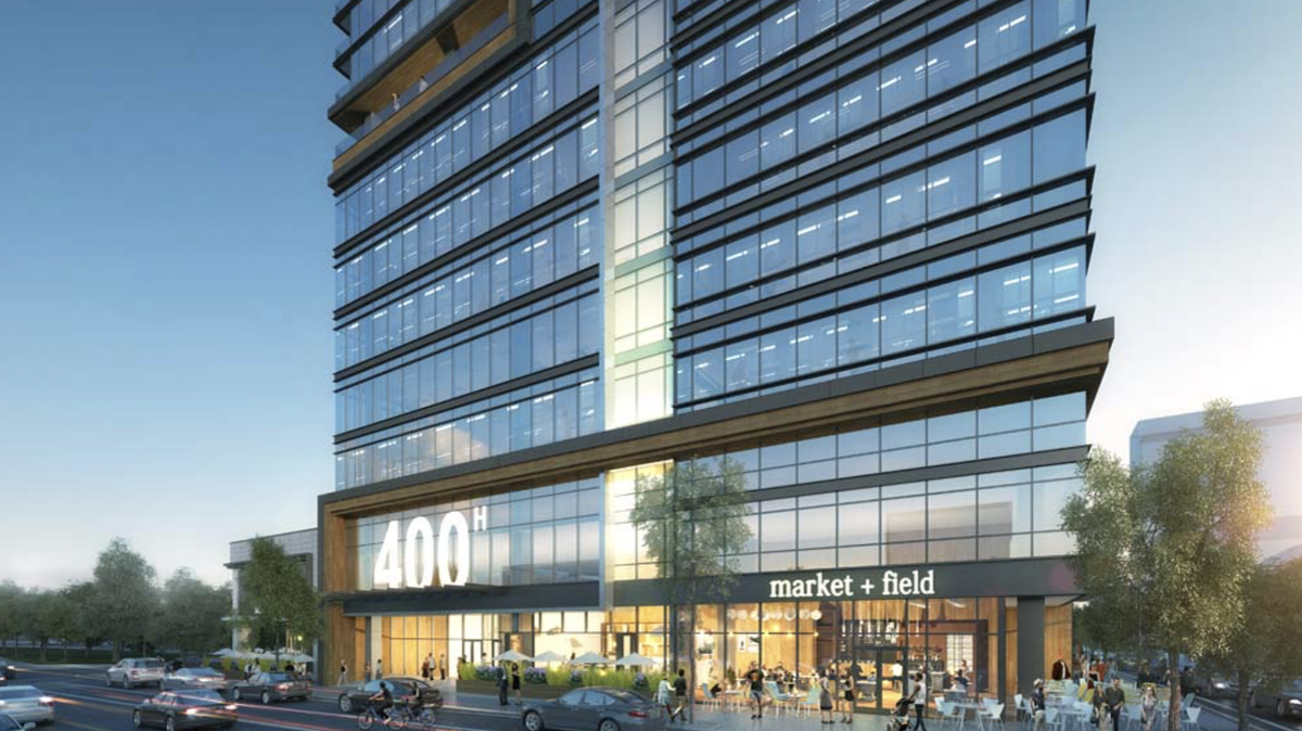 A rendering of 400H. Situated at the intersection of Hillsborough and West Streets, the 20-story high-rise is valued at around $175 million.