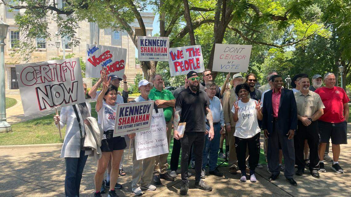A group of third-party supporters rally outside the North Carolina State Capitol on June 14, 2024.