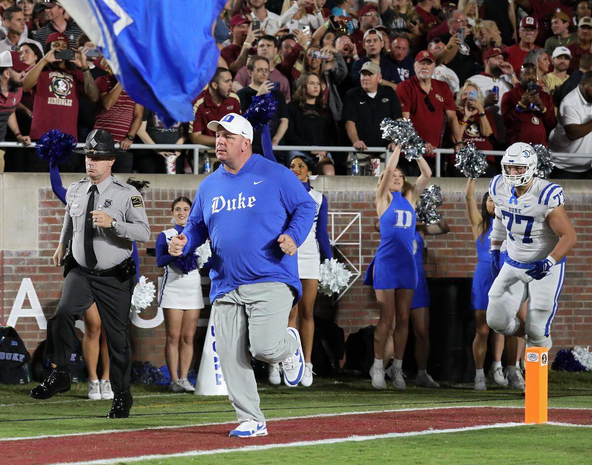 Duke head coach Mike Elko takes the field prior to the Blue Devils’ game against Florida State on Saturday, Oct. 21, 2023, in Tallahassee, Fla.