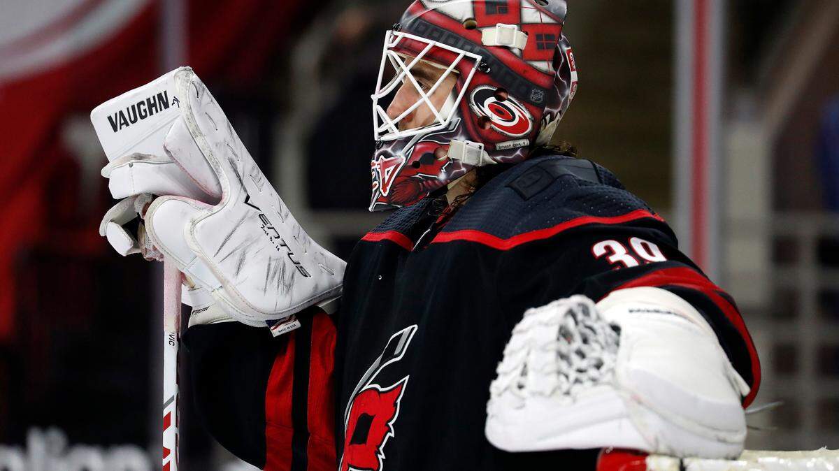 Carolina Hurricanes goaltender Alex Nedeljkovic (39) waits for a face-off against the Nashville Predators during the third period of an NHL hockey game in Raleigh, N.C., Tuesday, March 9, 2021. (AP Photo/Karl B DeBlaker)