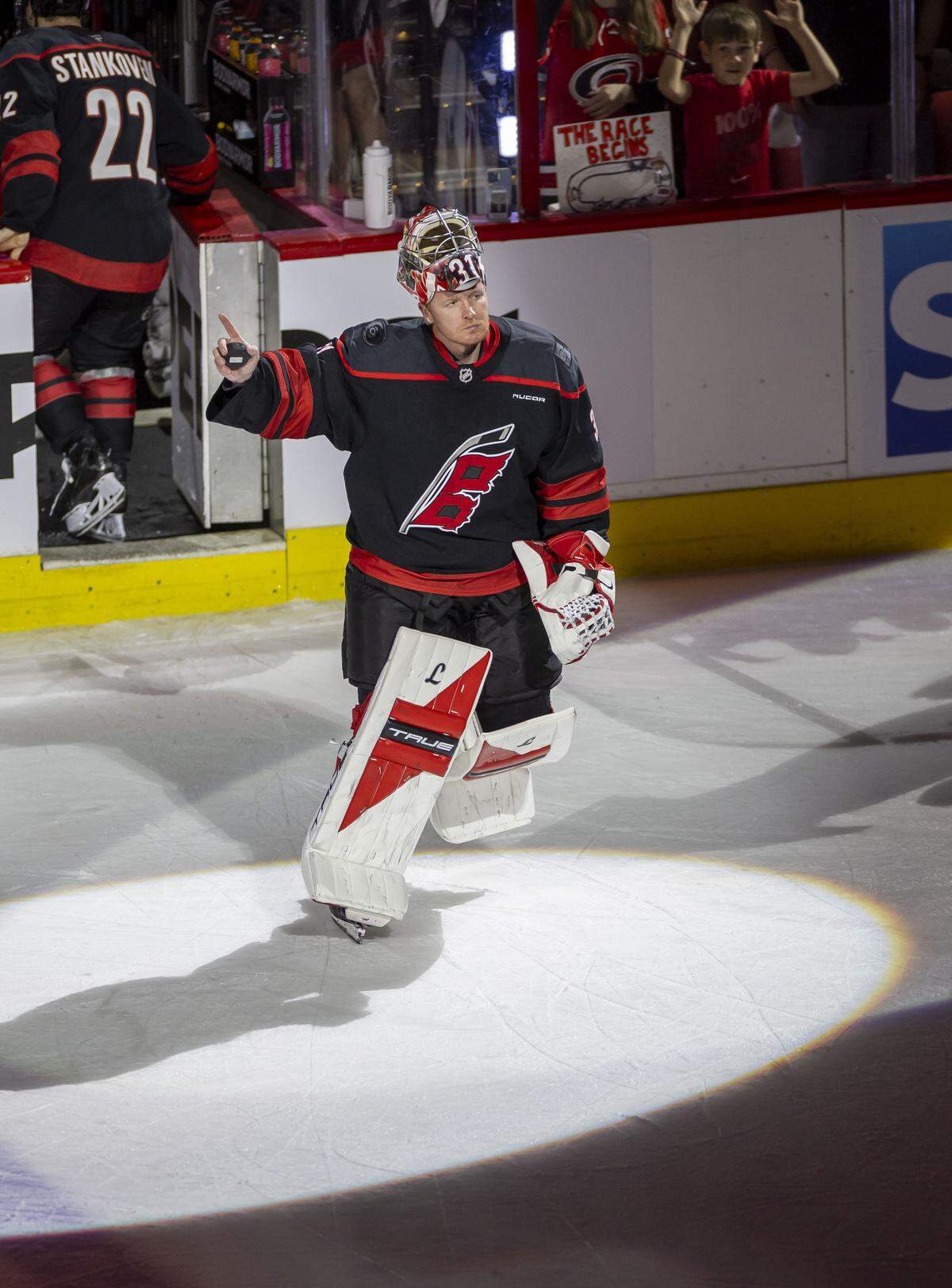 Carolina Hurricanes goalie Frederik Andersen (31) is recognized after making 22 saves in the Hurricanes 2-0 victory over the Ottawa Senators on Saturday, April 18, 2026 during the first round of the Stanley Cup Playoffs at Lenovo Center in Raleigh, N.C.