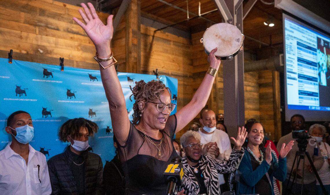 Newly elected Durham Mayor, Elaine O’Neal performs the gospel song ‘You saved my life’ with her tambourine after giving her acceptance speech at The Rickhouse event space on Tuesday, November 2, 2021 in Durham, N.C.