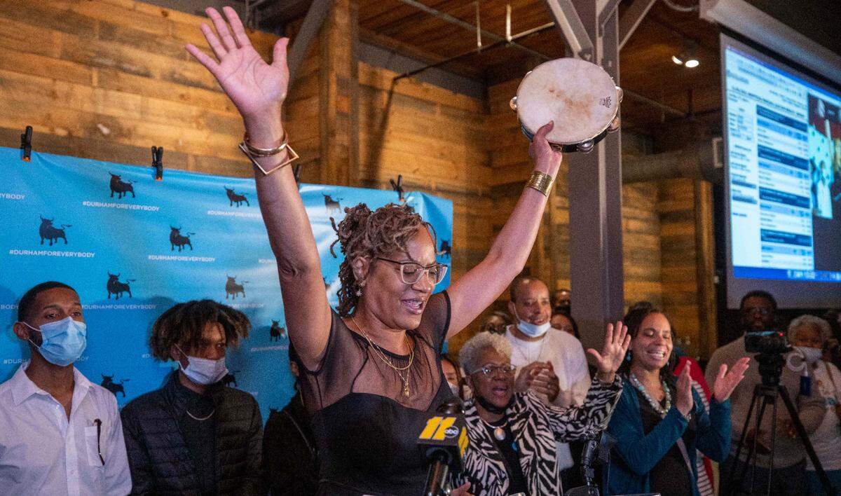 Newly elected Durham Mayor, Elaine O’Neal performs the gospel song ‘You saved my life’ with her tambourine after giving her acceptance speech at The Rickhouse event space on Tuesday, November 2, 2021 in Durham, N.C.