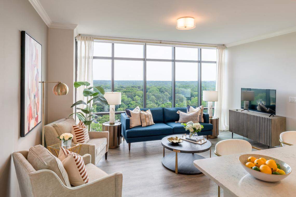 The Cardinal at North Hills’ model living room in the East Tower.