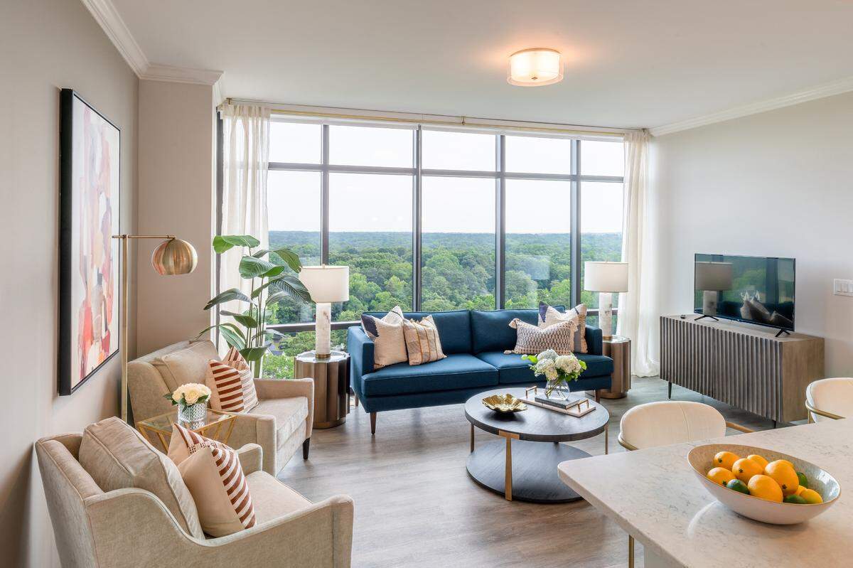 The Cardinal at North Hills’ model living room in the East Tower.