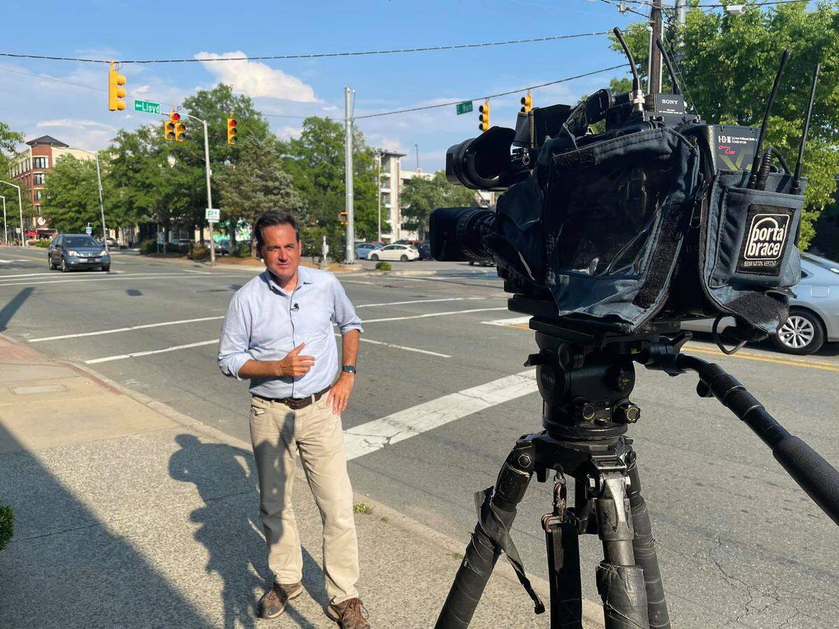 WRAL reporter Bryan Mims on assignment in Carrboro, NC, in 2021.