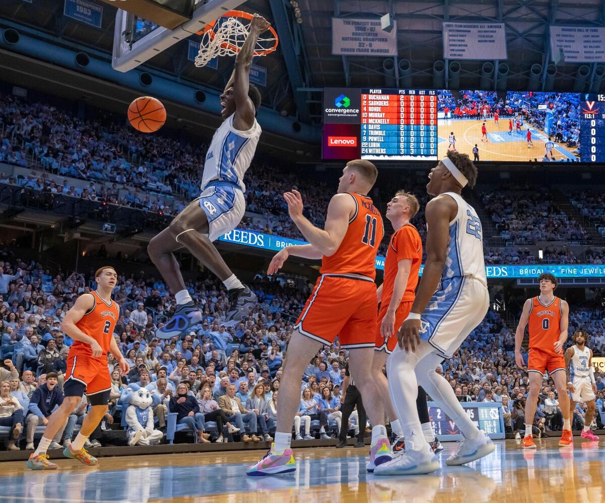 North Carolina forward Drake Powell (9) gets a dunk in the first half against Virginia on Saturday, February 22, 2025 at the Smith Center in Chapel Hill, N.C.