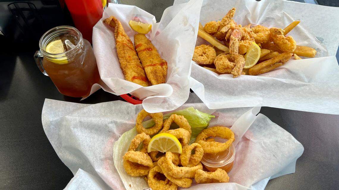 Try Seafood Grill is in Cary’s Tryon Woods Shopping Center and offers land and seafood options. Pictured here are the 8-piece jumbo shrimp combo with fries, two pieces of fried catfish, buttermilk calamari rings, and Arnold Palmer. 