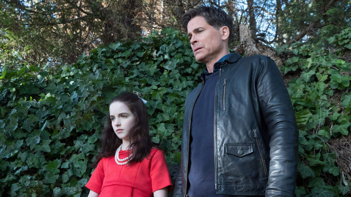 Mckenna Grace, left, and Rob Lowe star in “The Bad Seed,” premiering Sunday, September 9 on Lifetime.