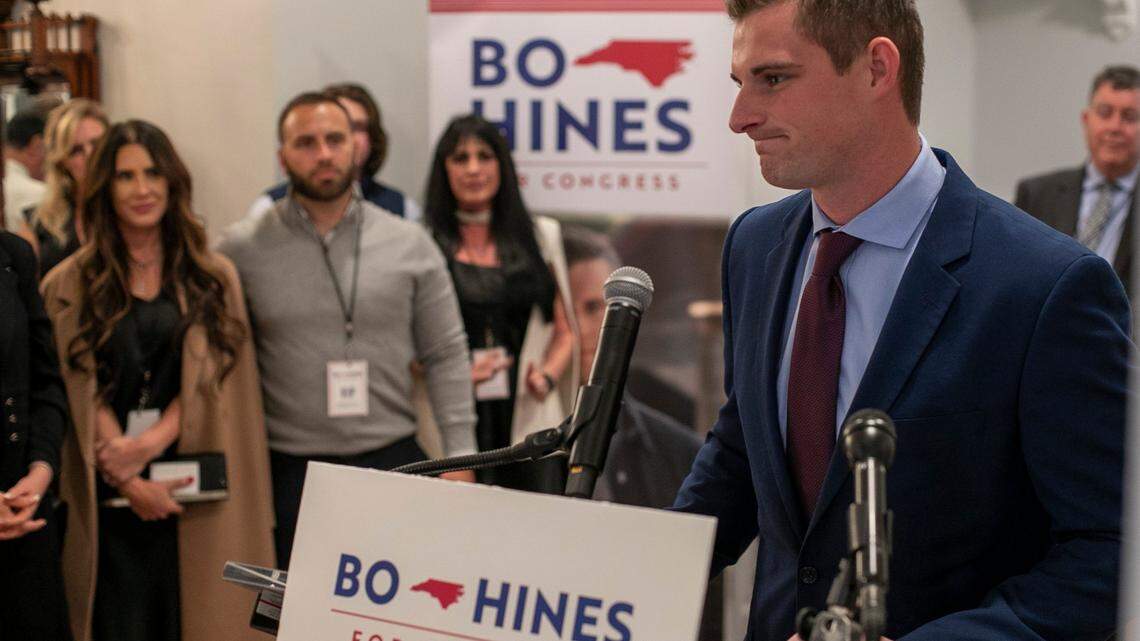 Bo Hines, candidate for the US House District 13, addresses his supporters as he concedes to opponent Wiley Nickel at the Norris House on Nov. 8, 2022 in Raleigh.